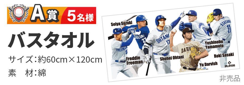 A賞 5名様：バスタオル サイズ：約60cm×120cm、素材：綿 (非売品)