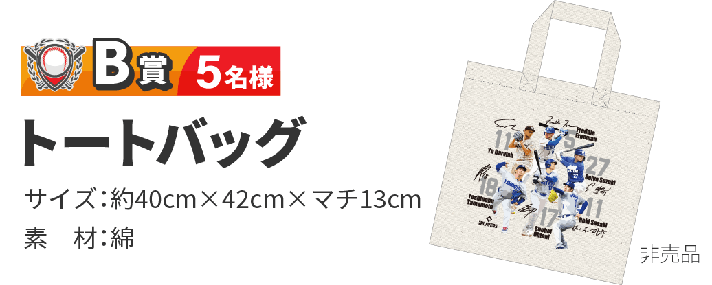 B賞 5名様：トートバッグ サイズ：約40cm×42cm×マチ13cm、素材：綿 (非売品)