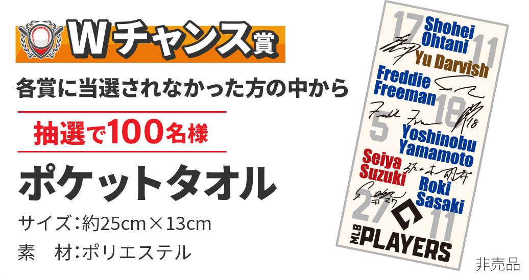 Wチャンス賞 各賞に当選されなかった方の中から抽選で100名様 ポケットタオル サイズ：約25cm×13cm、素材：ポリエステル (非売品)
